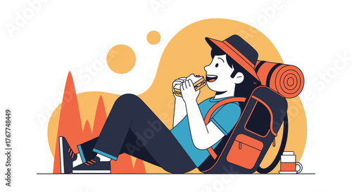 Adventurer Eating Sandwich After A Hike Resting And Enjoying Freedom Outdoors Lifestyle
