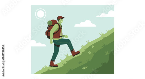 Adventurer Ascending A Verdant Slope Under A Clear Sky, Striving For Exhilaration