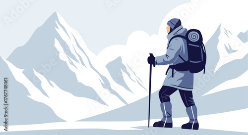 Adventurer Ascending Majestic Snow-Capped Mountain Range With Backpack and Trekking Poles