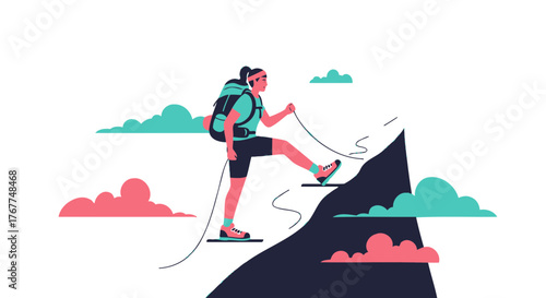 Adventurer Ascending Mountain Facing Challenges Reaching Peak with Determination and Focus