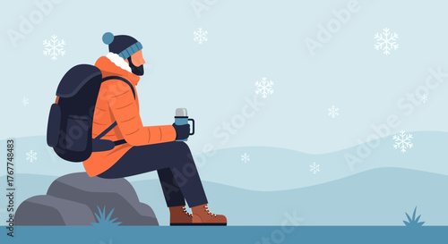 Adventurer Enjoying a Scenic Winter Landscape, Drinking from a Thermos During Snowfall