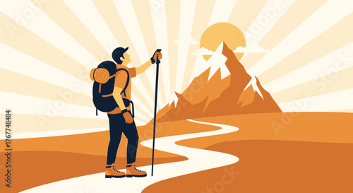 Adventurer Ascending Mountain Path Towards Sunlit Peak Exploration And Hiking Concept