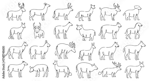 Collection of hand drawn outline illustrations of various farm animals and livestock including sheep goats cows horses and donkeys standing in profile on a white background
