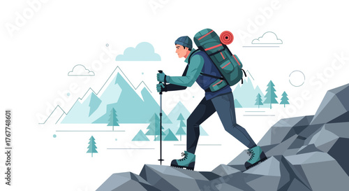Adventurer Ascending Rocky Terrain towards Mountains Peaks with Backpack and Trekking Poles