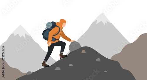 Adventurer Ascending Rocky Terrain Towards Snowy Peaks, A Climb Full of Determination