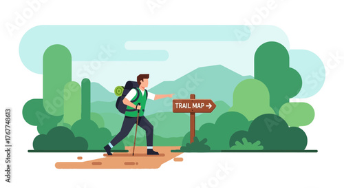 Adventurer Following Trail Map Sign, Hiking Through a Scenic Environmental Landscape