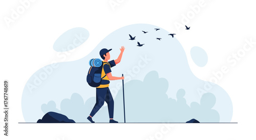 Adventurer Hikes Through Mountains, Birds Fly High in Vector Illustration Style