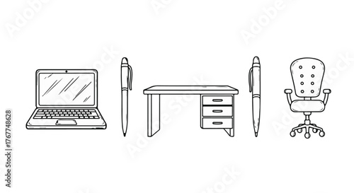 Hand drawn sketch of a modern office workspace setup featuring a laptop computer two pens a desk with drawers and an executive chair on a white background