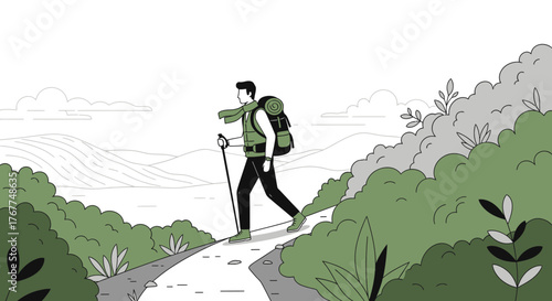 Adventurer Hikes Along Trail Through Lush Landscape Towards The Mountainside