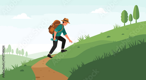 Adventurer Ascending The Hill Towards The Top Of The Landscape, Hiking And Traveling
