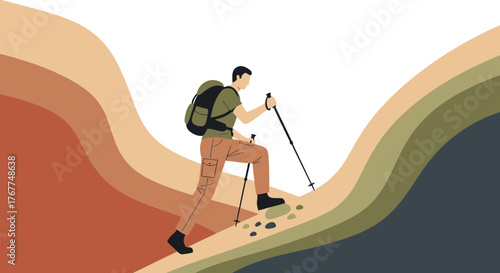 Adventurer Ascends a Hillside, Depicting the Spirit of Exploration and Endurance