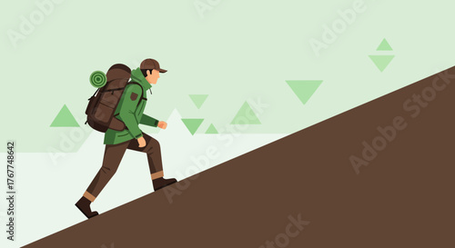 Adventurer Ascends A Steep Mountain Slope With Backpack, Reaching The Summit