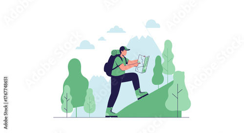 Adventurer Ascends Hillside, Consulting Map Amidst Verdant Foliage Towards Mountains