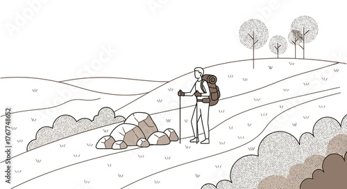 Adventurer Hikes Uphill, Exploring Nature's Beauty With Backpack and Walking Stick