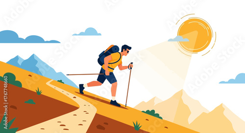 Adventurer Ascends Mountain Path Under Sunny Skies Towards New Horizons