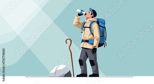 Adventurer Hydrating With Water During Trekking in the Mountains, Staying Hydrated