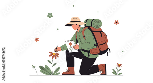 Adventurer Illustrating Flower in Nature While Exploring Wilderness Adventure and Drawing