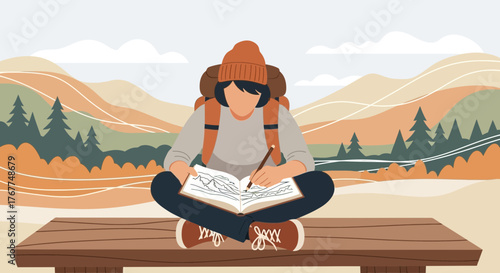 Adventurer Illustrating In A Notebook, Capturing Landscape, Nature Exploration Journey