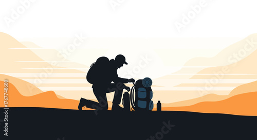 Adventurer Kneeling Beside Huge Backpack Ready For Mountainous Landscape Exploration
