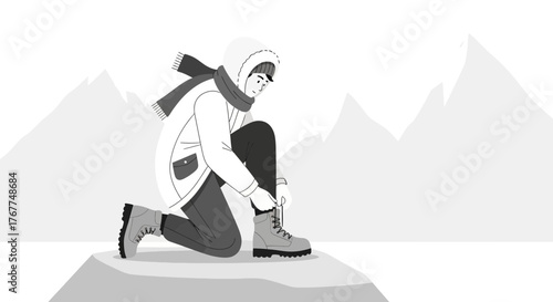Adventurer In Winter Attire Prepares For Outdoor Exploration In A Mountainous Region