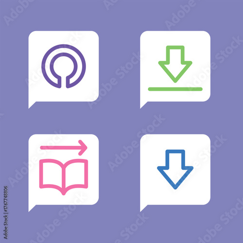 Four square icons representing download, open book with arrow, and two download icons on a purple background