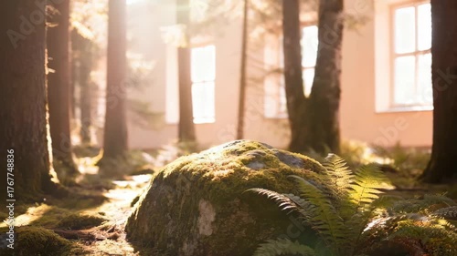 Sunlit Forest Path Leading to Building Through Moss Covered Rocks and Ferns with Warm Golden Hour Light Filtering Through Trees