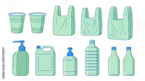 Collection of various plastic containers and bags including cups bottles and shopping bags isolated on transparent background