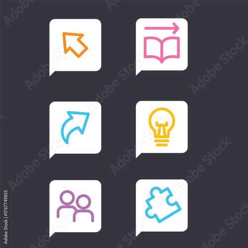 A versatile set of colorful line icons within speech bubbles, representing concepts like business communication, teamwork, and creative ideas for web and app design