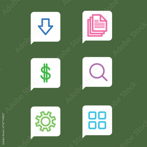 Collection of flat design user interface icons in speech bubble shapes, featuring functions like download, document management, financial symbols, search, settings, and navigation menu for modern web 