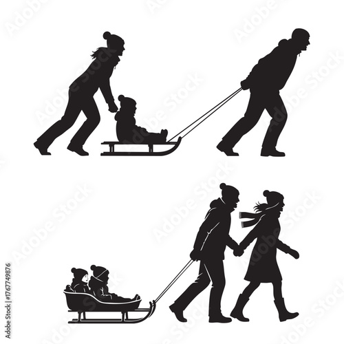 Winter Sledding Fun - Families and Kids Playing in Snow Vector Set