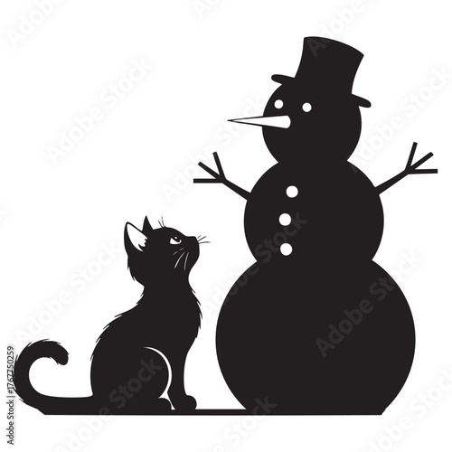 Curious Cat Looking Up at Snowman - Winter Companions