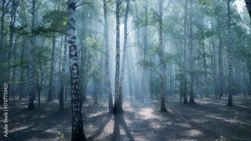 Sunlight Streams Through Birch Trees in a Misty Forest Morning Creating Long Shadows on the Ground
