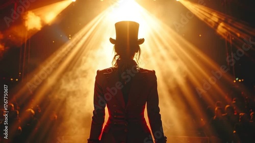 Dramatic Circus Stage with Charismatic Ringmaster-Style Performer