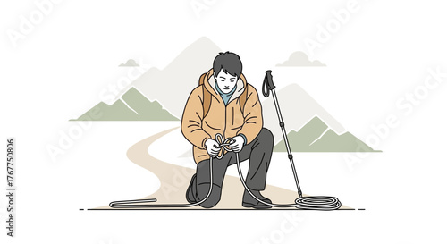 Adventurer Kneeling to Secure Rope Before Hiking on a Mountain Trail Expedition