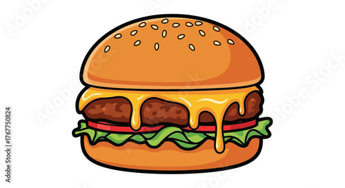 Hand-Drawn style cheese burger with meat patty lettuce and sesame seed bun in vivid color