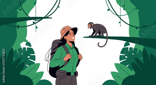 Adventurer Observing A Primate In The Deep Jungle, Exploring Natural Habitats