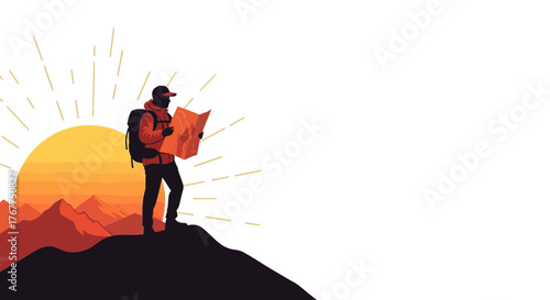 Adventurer Observing A Map While Standing On A Hilltop With The Sunrise Behind Him