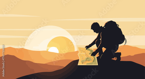 Adventurer Observing A Topographical Chart Amidst The Golden Glow Of Sunset