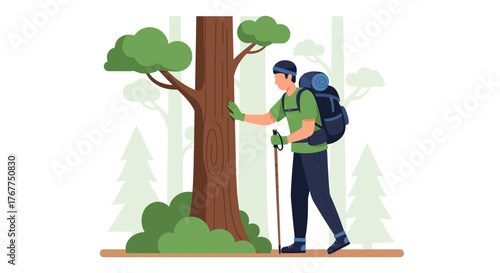 Adventurer Observing A Large Tree During A Hike While Carrying A Hiking Backpack
