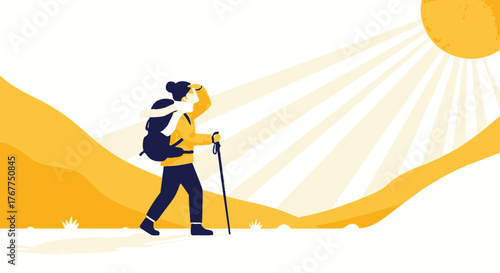 Adventurer Observing Ahead, Walking Forward in a Bright Sunny Day with Backpack