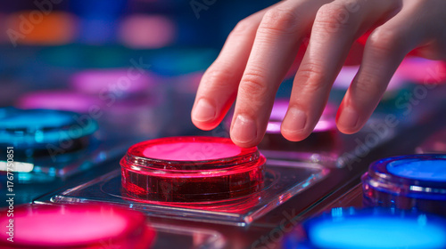Hand pressing illuminated pink arcade button in colorful vibrant game center