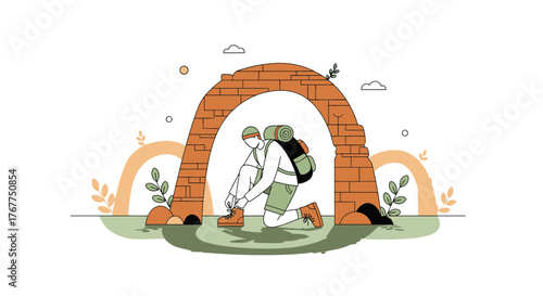 Adventurer Prepares For The Journey Next Level Hiking Under A Brick Archway