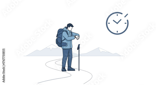 Adventurer Observing His Watch Amidst Hilly Terrain Demonstrating Punctuality and Timing Skills