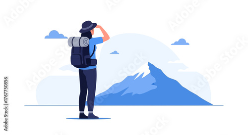 Adventurer Observing Majestic Mountain Range During A Scenic Journey With Backpack