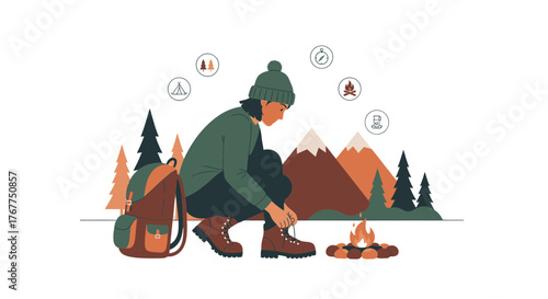 Adventurer Prepares For The Journey Near The Campfire Under Mountain Scenery