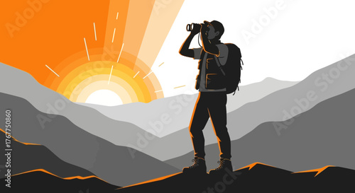 Adventurer Observing Majestic Landscape With Binoculars At Sunrise In Nature