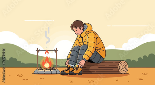 Adventurer Prepares For The Journey Next To A Campfire In The Wilderness