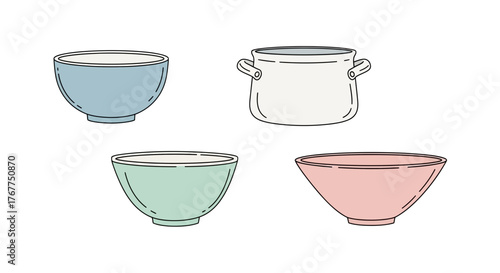 Illustrated cooking utensils featuring pastel colored bowls and a pot adding culinary charm