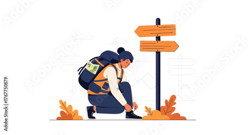 Adventurer Prepares For The Journey Next To Directional Sign Ready For Adventure Exploration