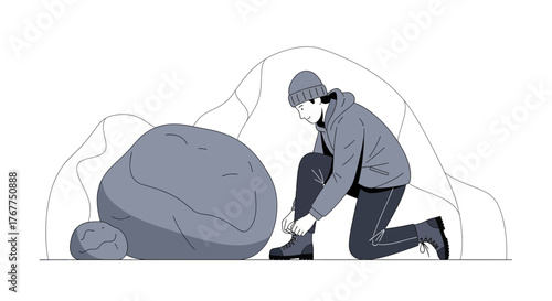 Adventurer Prepares For The Journey Next To Large Boulders Under The Sky